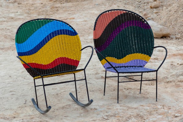 Hand woven chairs using colourful tube